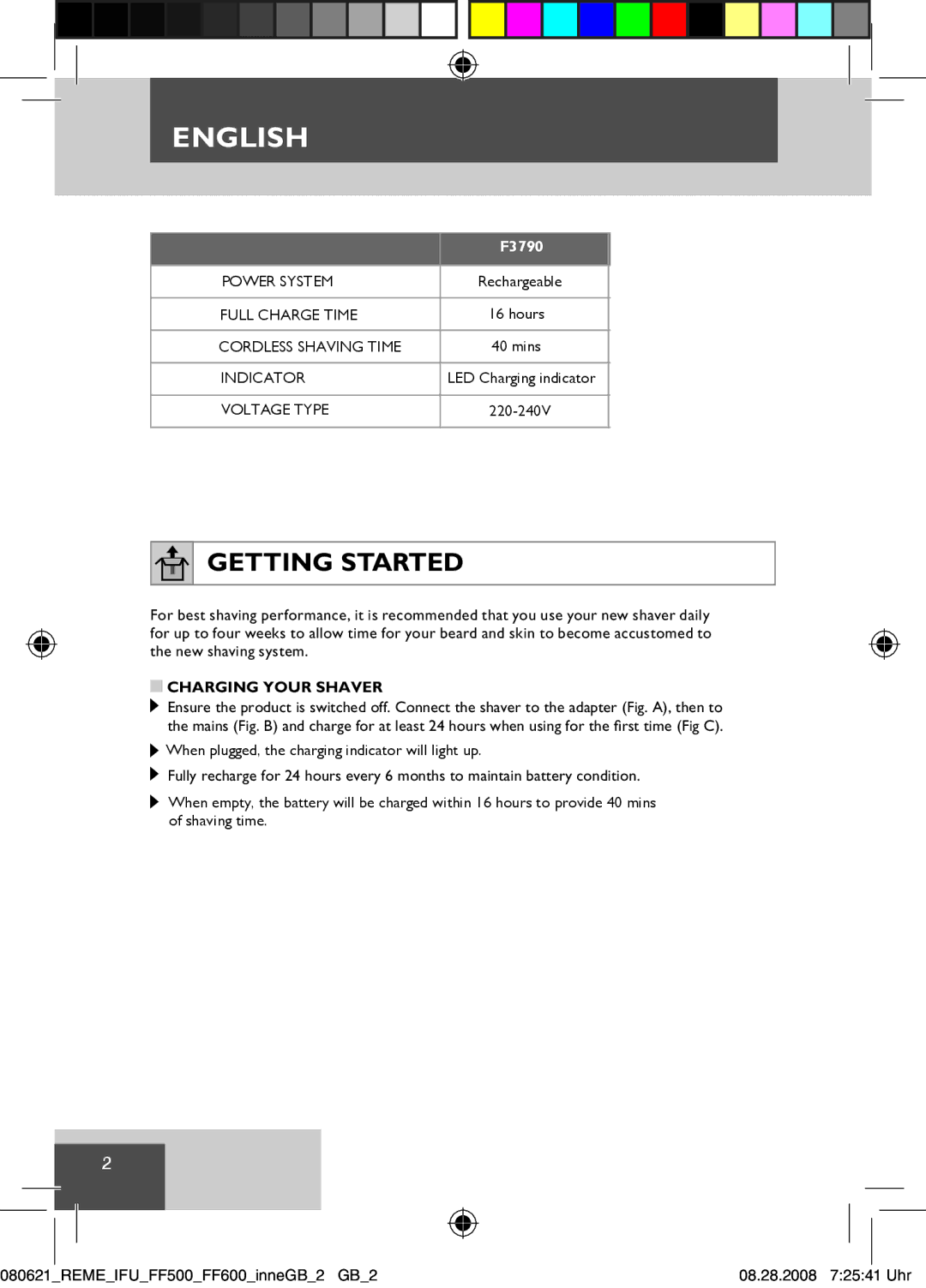 Remington F-3790 manual Getting Started, Charging Your Shaver 