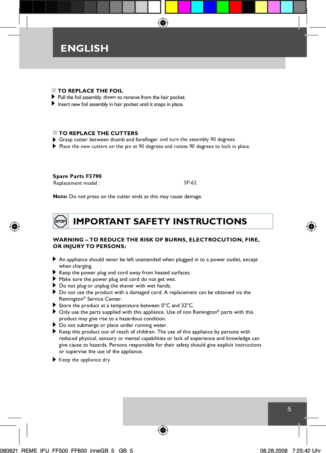 Remington F-3790 manual To Replace the Foil, To Replace the Cutters 