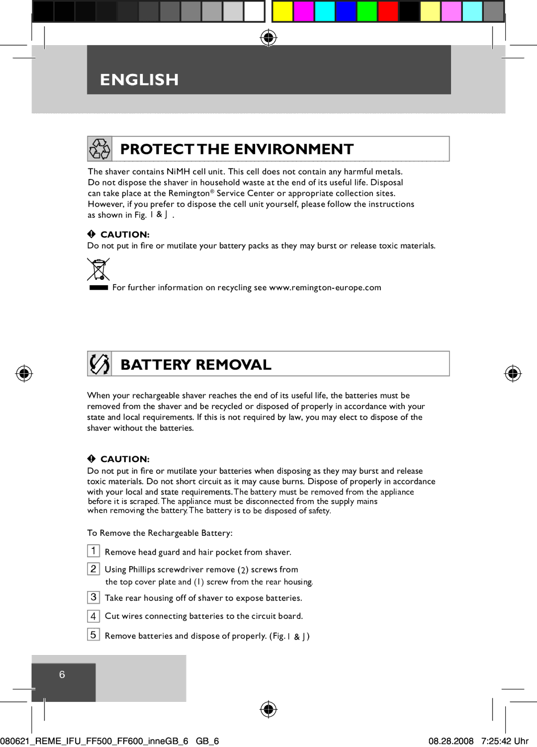 Remington F-3790 manual Protect the Environment, Battery Removal 