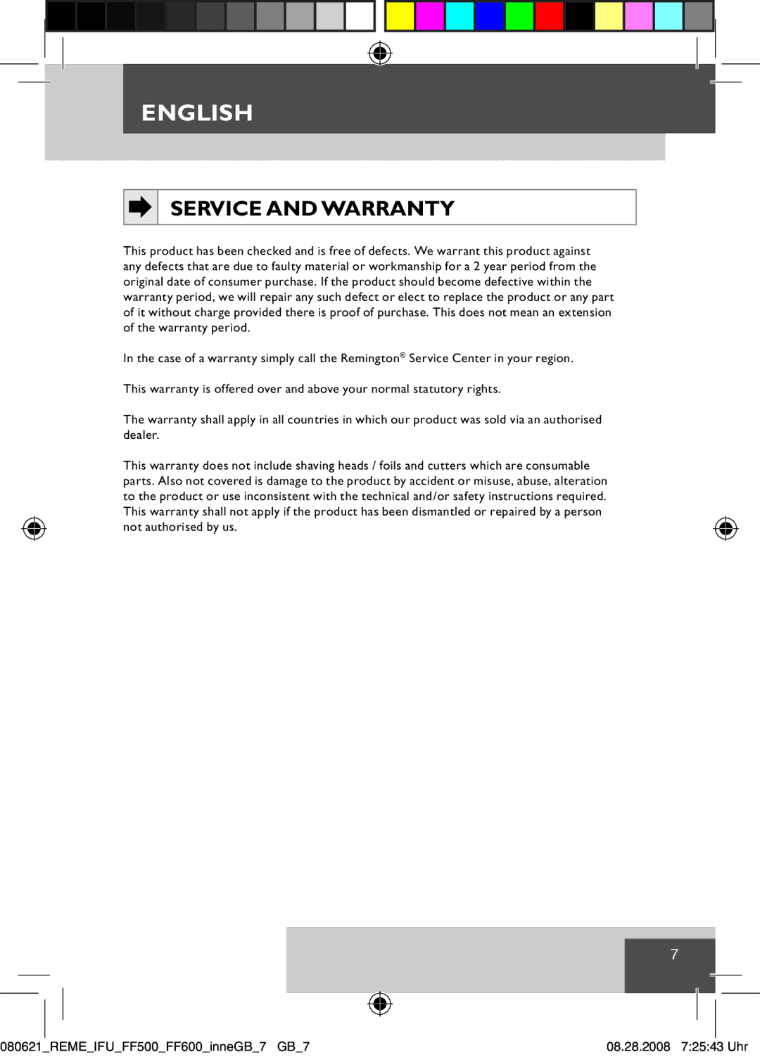 Remington F-3790 manual Service and Warranty 