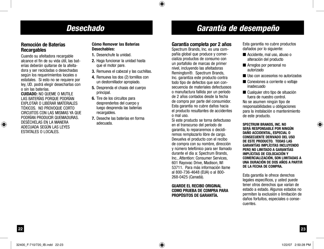 Remington F-710 Desechado Garantía de desempeño, Remoción de Baterías Recargables, Cómo Remover las Baterías Desechables 