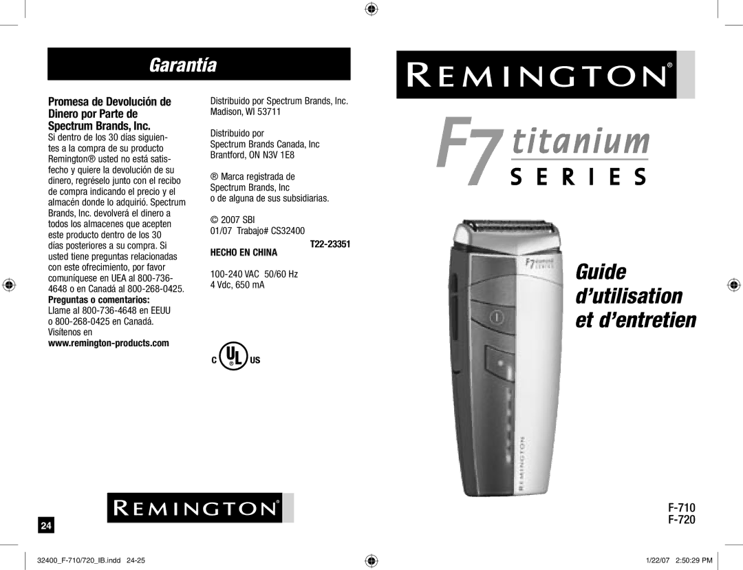 Remington F-720, F-710 manual Garantía, Distribuido por Spectrum Brands, Inc. Madison, WI, Preguntas o comentarios 