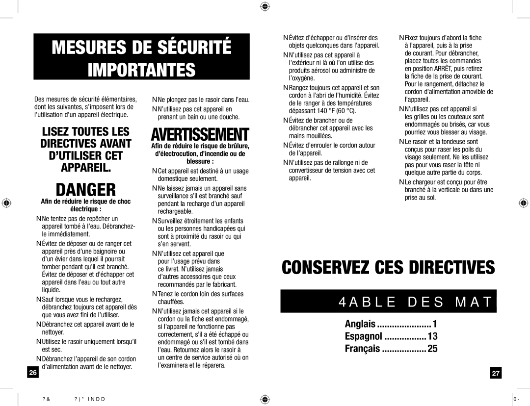 Remington F-710, F-720 manual Table des matières, Électrique 