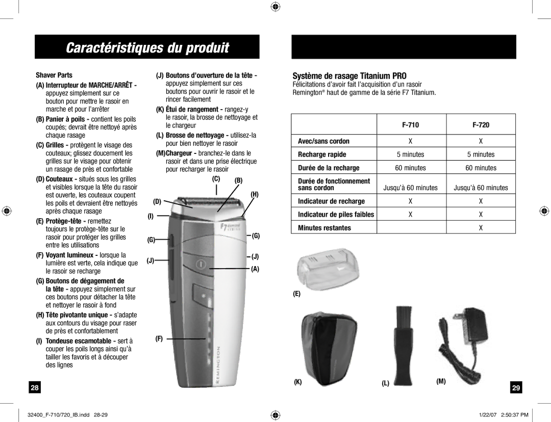 Remington F-720, F-710 manual Caractéristiques du produit, Système de rasage Titanium PRO 