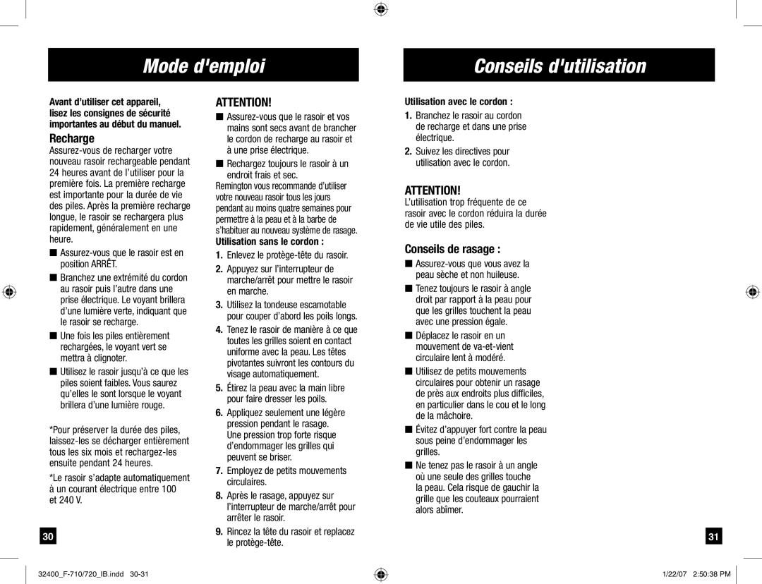 Remington F-710, F-720 manual Mode demploi Conseils dutilisation, Recharge, Conseils de rasage, Utilisation sans le cordon 