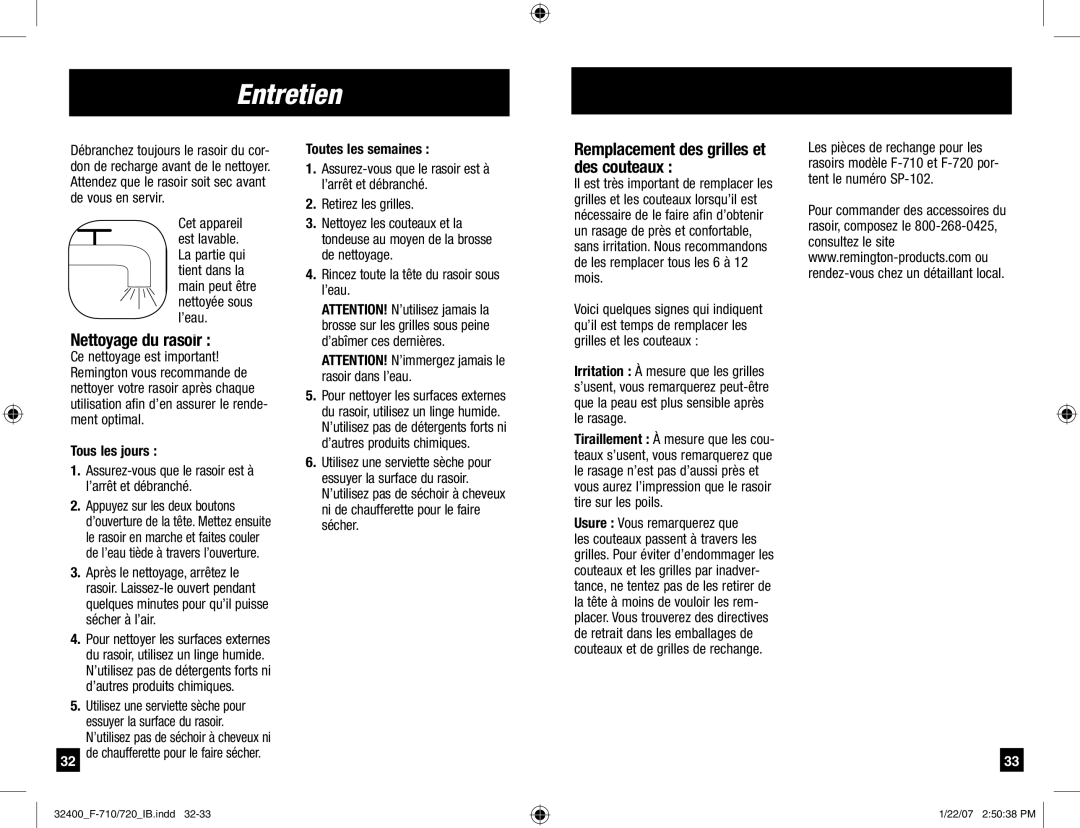 Remington F-720, F-710 manual Entretien, Nettoyage du rasoir, Tous les jours, Toutes les semaines 