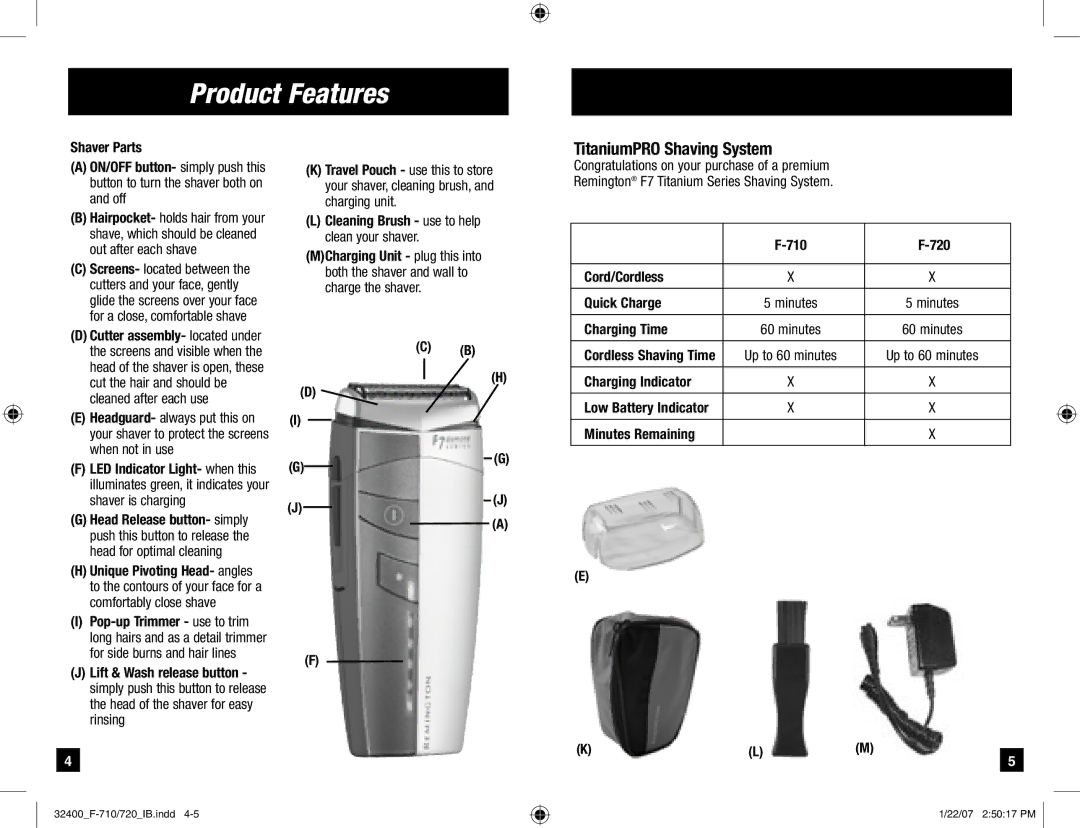 Remington F-720, F-710 manual Product Features, TitaniumPRO Shaving System 