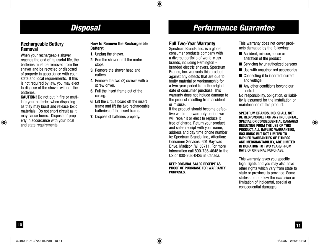 Remington F-710, F-720 manual Disposal Performance Guarantee, Rechargeable Battery Removal, Full Two-Year Warranty 