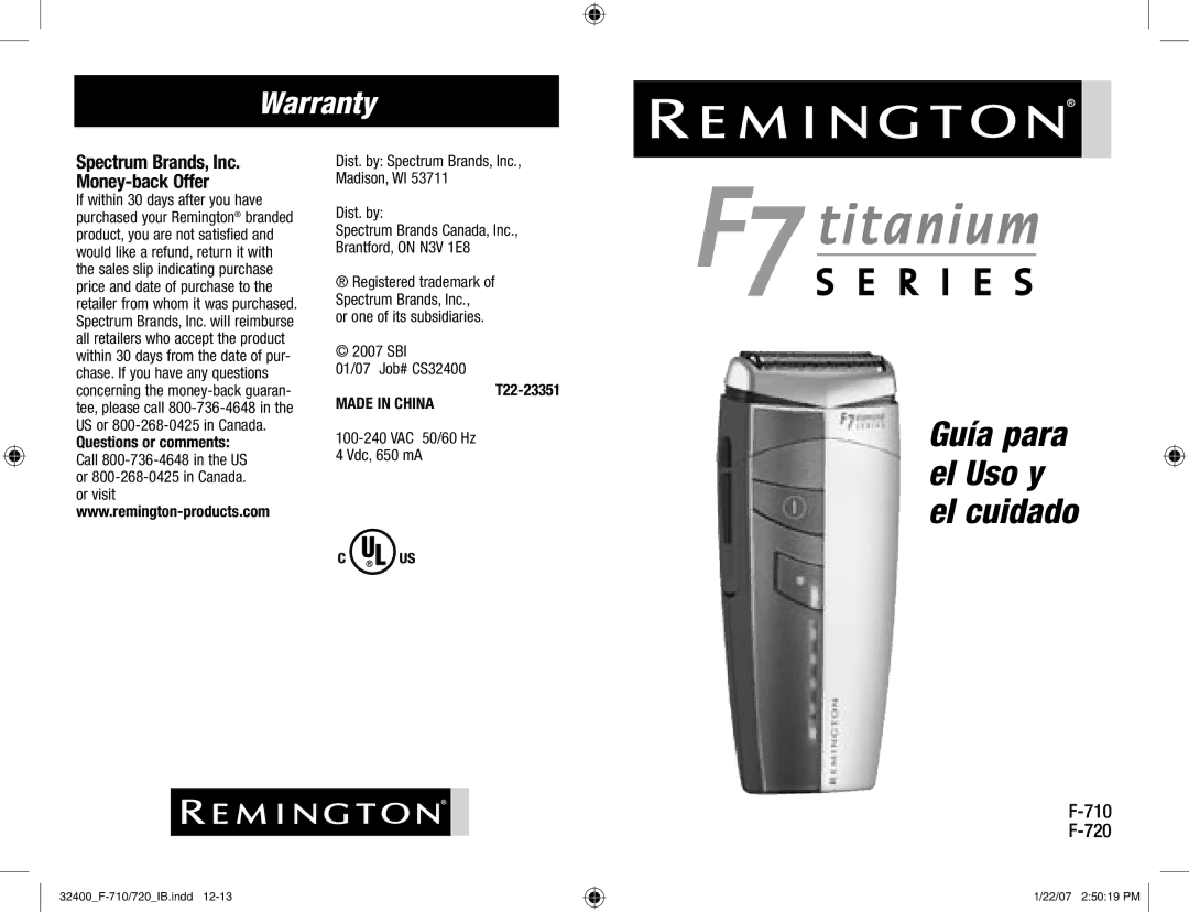 Remington F-720, F-710 manual Warranty, Spectrum Brands, Inc Money-back Offer, T22-23351 