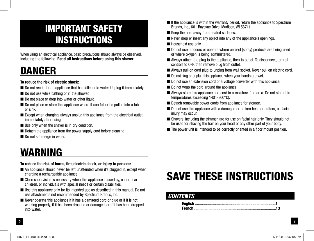 Remington FF-400 manual Important Safety Instructions 