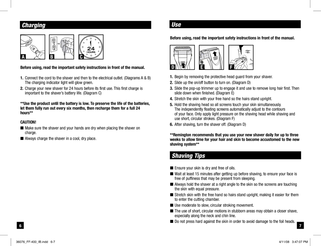 Remington FF-400 manual Charging, Use, Shaving Tips 