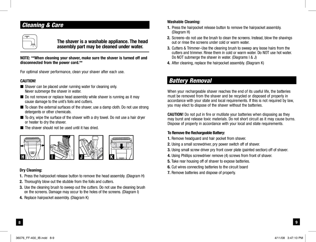 Remington FF-400 Cleaning & Care, Battery Removal, Dry Cleaning, Washable Cleaning, To Remove the Rechargeable Battery 
