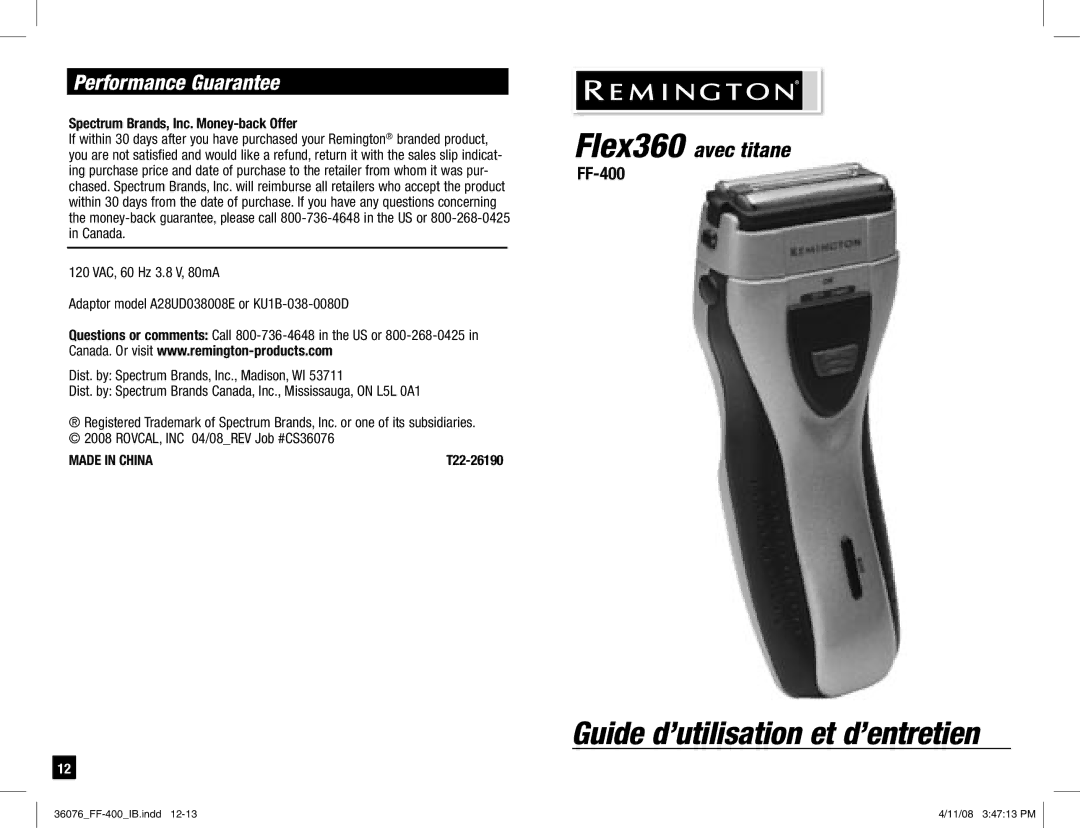 Remington FF-400 manual Performance Guarantee, Spectrum Brands, Inc. Money-back Offer 