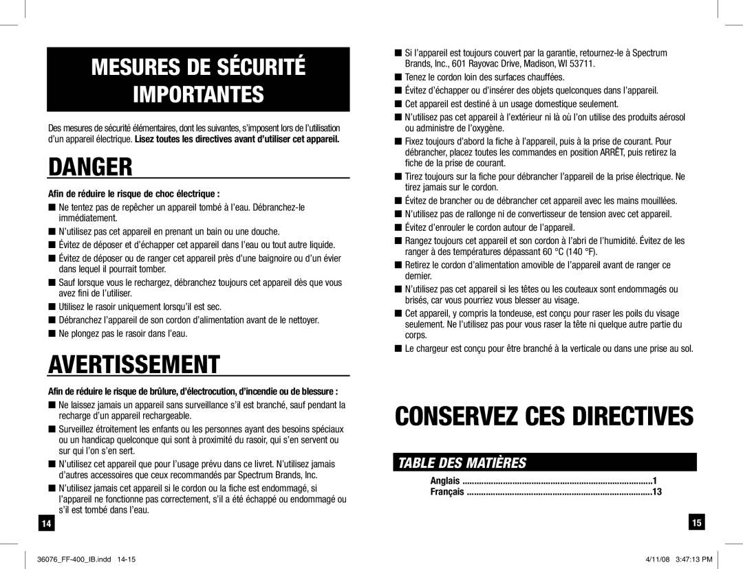 Remington FF-400 manual Mesures DE Sécurité Importantes, Afin de réduire le risque de choc électrique 