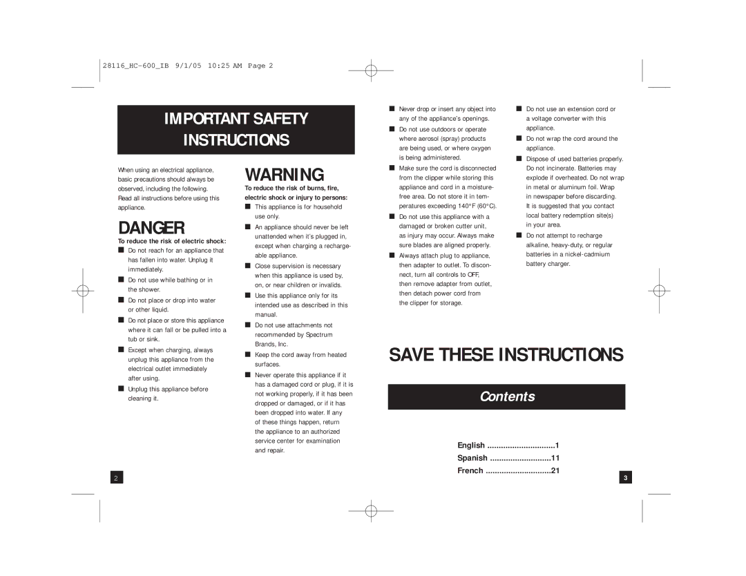 Remington HC-600 manual Contents 