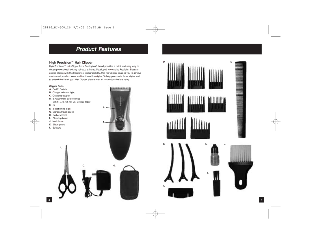 Remington HC-600 manual Product Features, High Precision Hair Clipper, Clipper Parts 