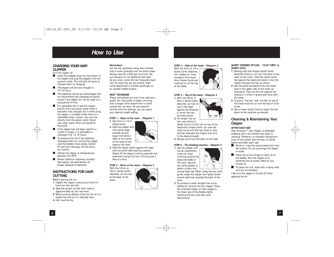 Remington HC-600 manual How to Use, Cleaning & Maintaining Your Clipper, Best Technique, After Each USE 