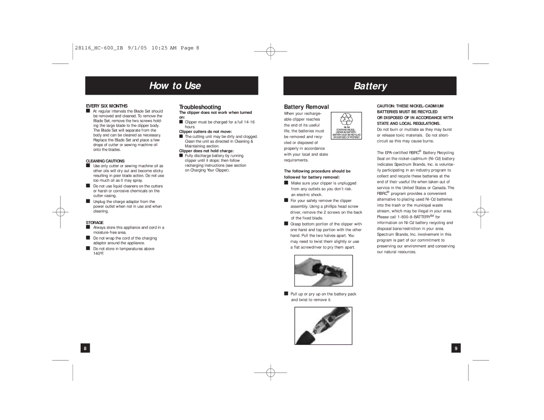 Remington HC-600 manual How to Use Battery, Cleaning Cautions, Storage 