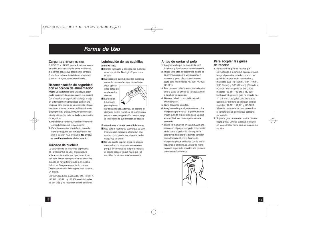 Remington HC-810, HC-815, HC-8017, HC-912, HC-920, HC-921, HC-930, G03-038 manual Forma de Uso, Cuidado de cuchilla 
