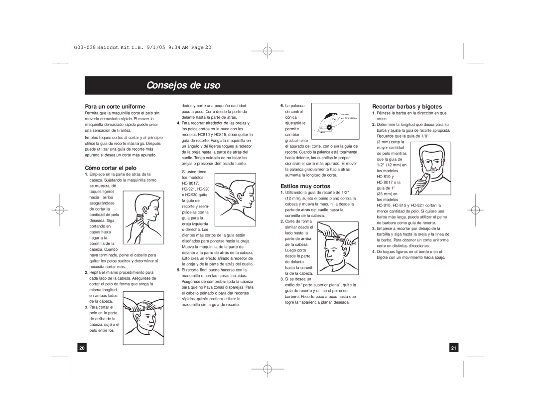 Remington HC-810, HC-815, HC-8017, HC-912, HC-920, HC-921, HC-930, G03-038 manual Consejos de uso, Para un corte uniforme 