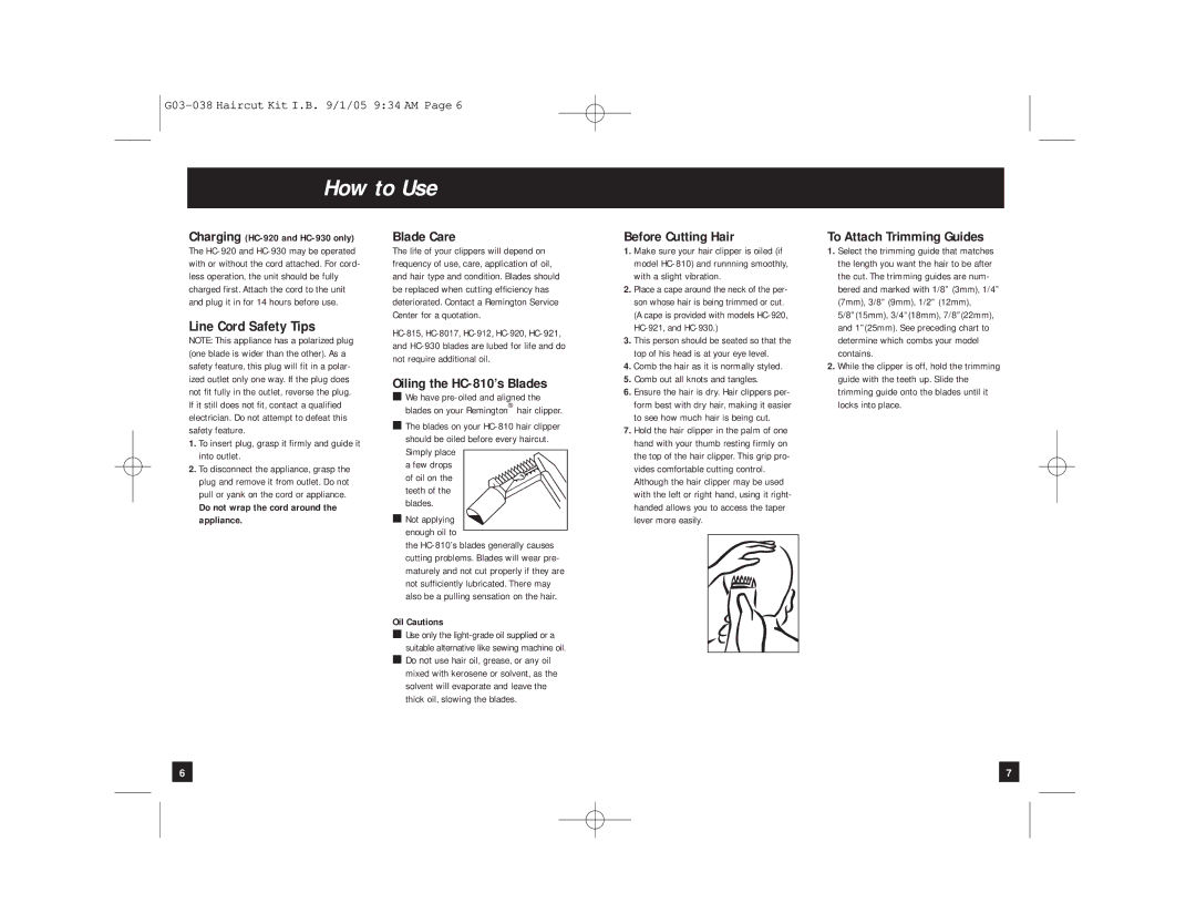 Remington HC-810, HC-815, HC-8017, HC-912, HC-920, HC-921, HC-930, G03-038 How to Use, Blade Care, Before Cutting Hair 