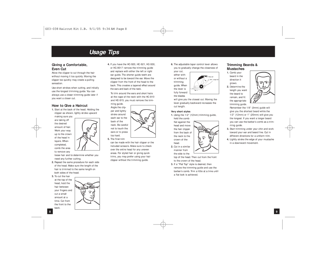 Remington HC-810, HC-815, HC-8017, HC-912, HC-920, HC-921, HC-930, G03-038 manual Usage Tips, Giving a Comfortable Even Cut 