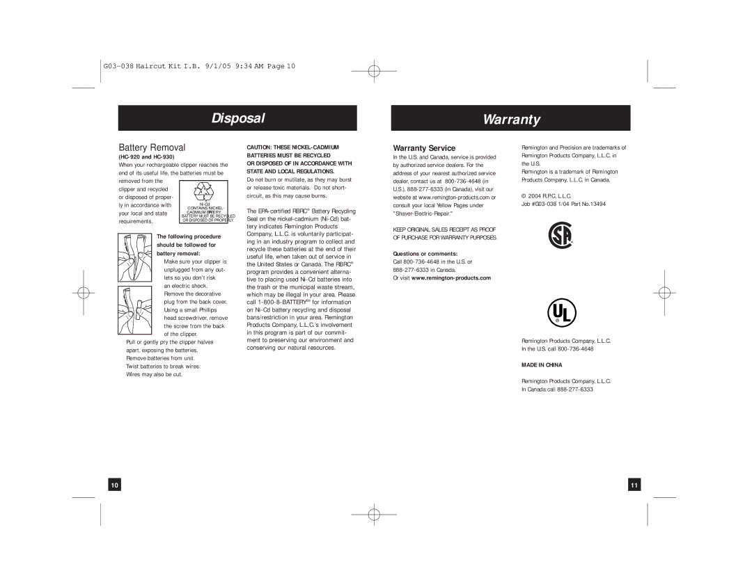 Remington HC-810, HC-815, HC-8017, HC-912, HC-920, HC-921, HC-930, G03-038 manual Disposal Warranty, Battery Removal 