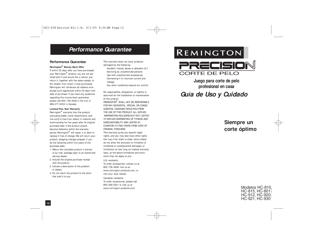 Remington HC-810, HC-815, HC-8017, HC-912, HC-920, HC-921, HC-930, G03-038 manual Performance Guarantee 