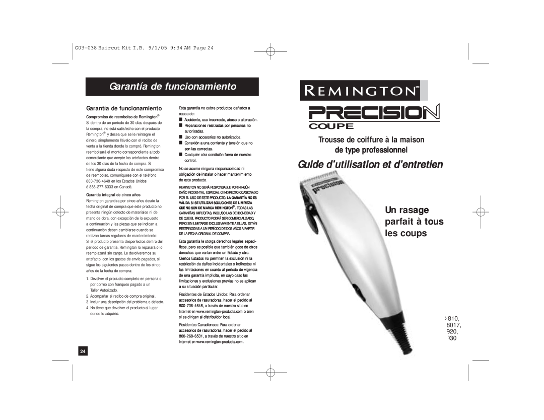 Remington HC-810, HC-815, HC-8017, HC-912, HC-920, HC-921, HC-930, G03-038 manual Coupe, Garantía de funcionamiento 