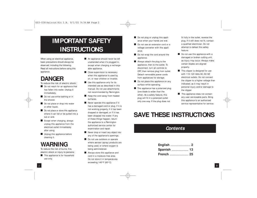 Remington HC-810, HC-815, HC-8017, HC-912, HC-920, HC-921, HC-930, G03-038 Important Safety Instructions, Danger, Contents 