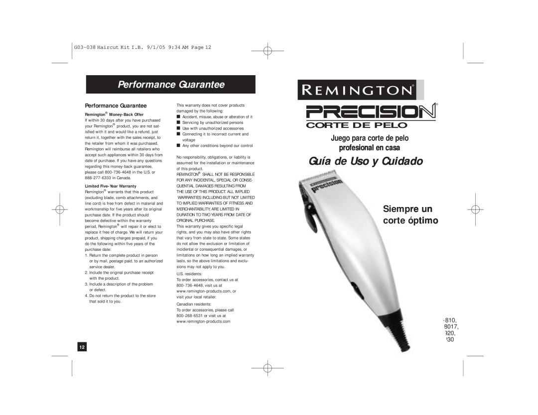 Remington HC-810, HC-815, HC-8017, HC-912, HC-920, HC-921, HC-930, G03-038 manual Corte De Pelo, Guía de Uso y Cuidado 