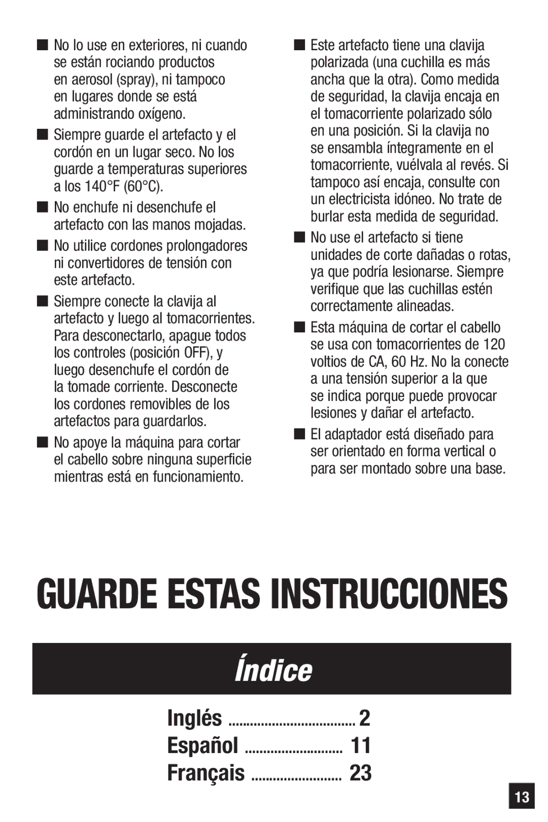 Remington HC-921 manual Índice, Español Français 