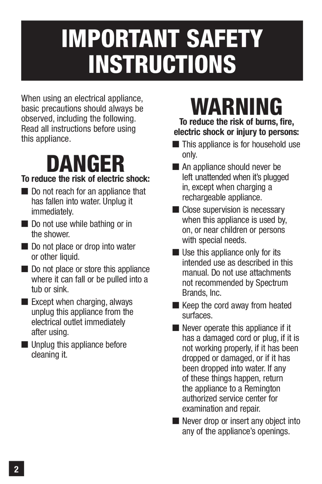 Remington HC-921 manual Read all instructions before using this appliance, Unplug this appliance before cleaning it 