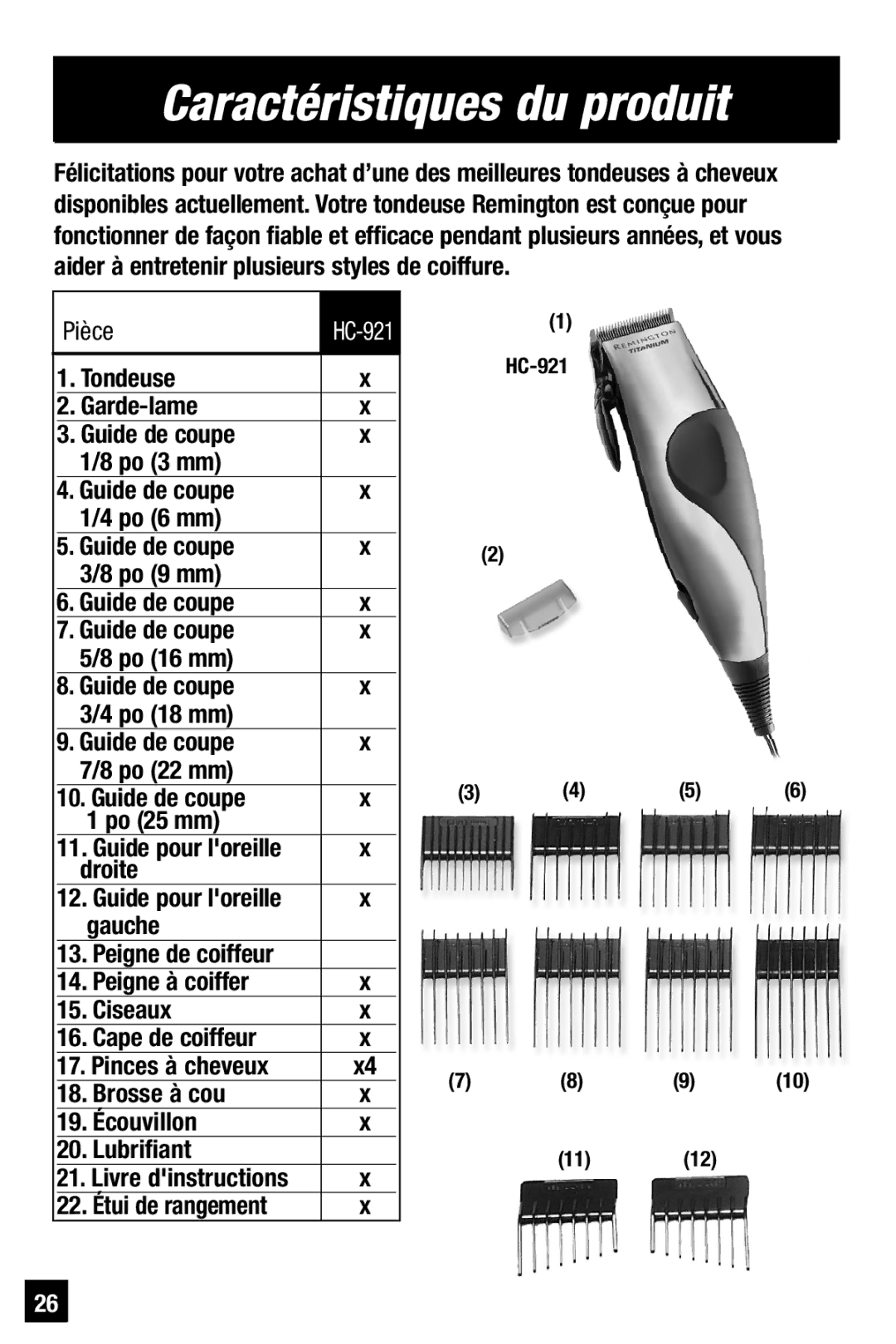 Remington HC-921 manual Caractéristiques du produit 