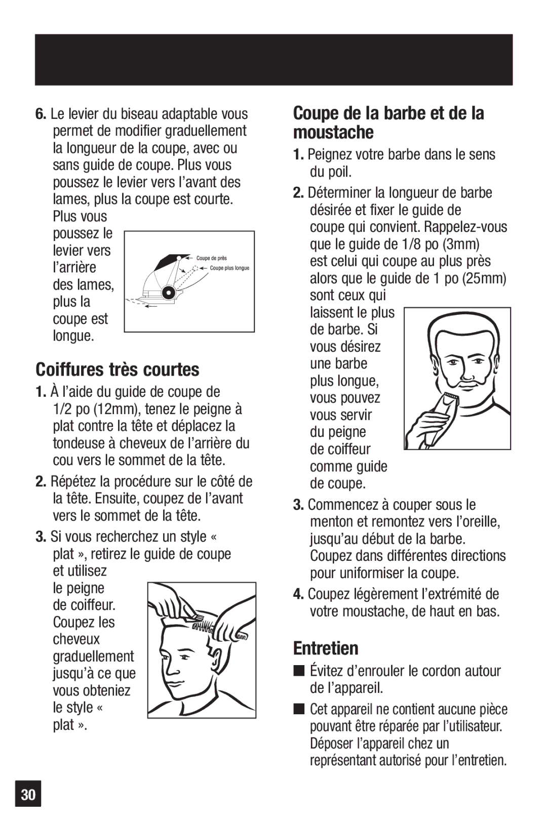 Remington HC-921 manual Coiffures très courtes, Coupe de la barbe et de la moustache, Entretien 