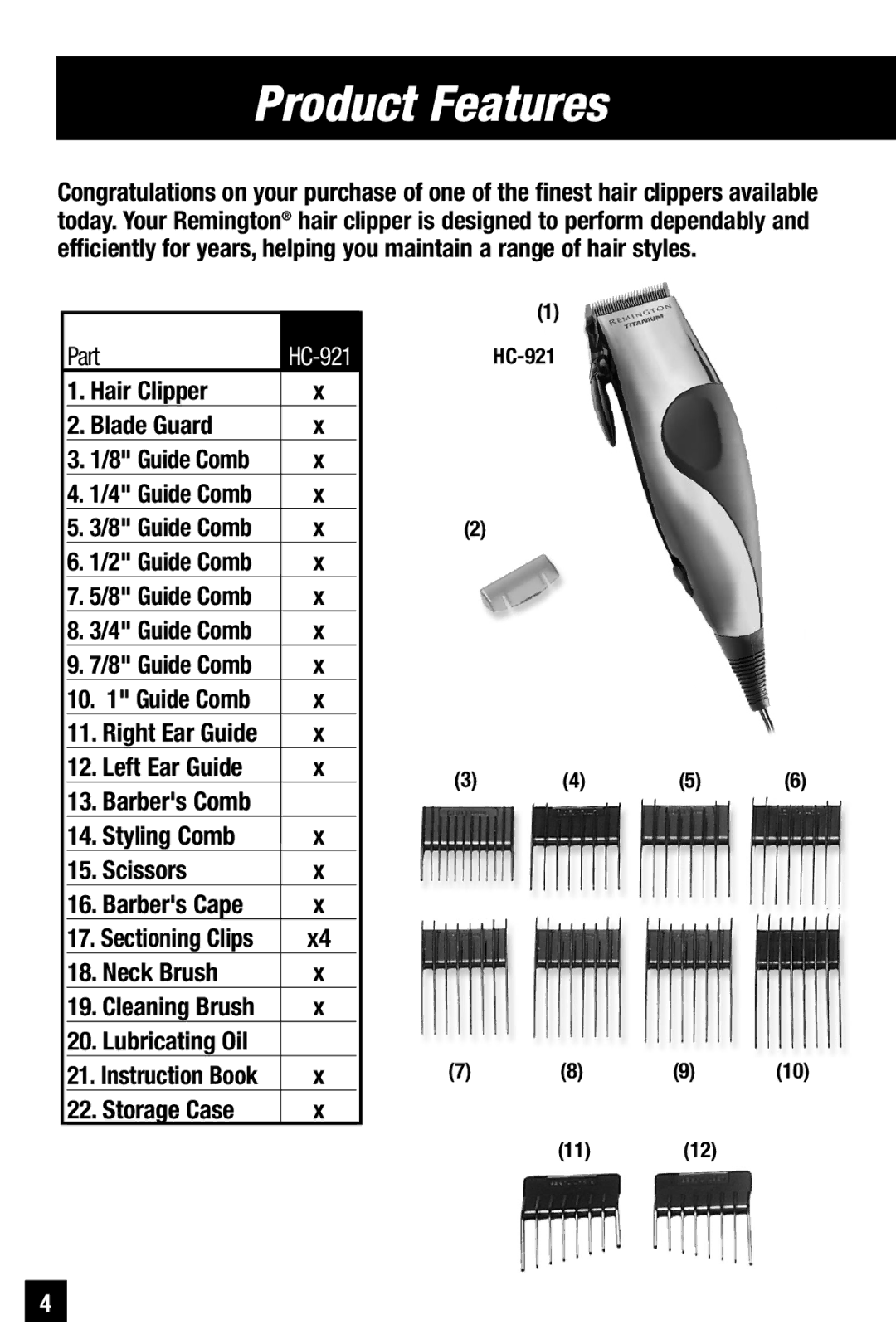 Remington HC-921 manual Product Features, Part, Hair Clipper Blade Guard, Styling Comb Scissors, Neck Brush 