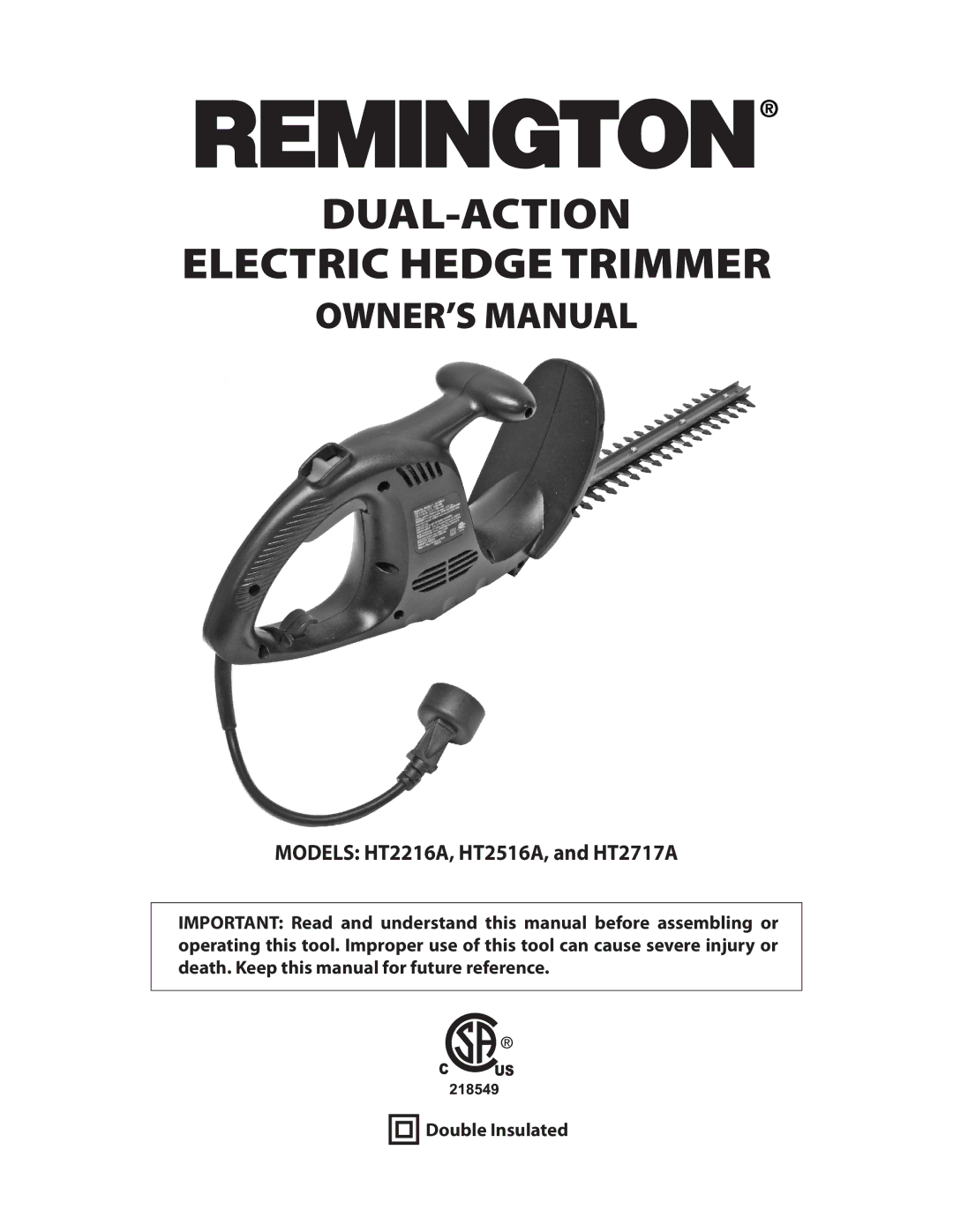 Remington HT2216A, HT2516A, HT2717A owner manual DUAL-ACTION Electric Hedge Trimmer 