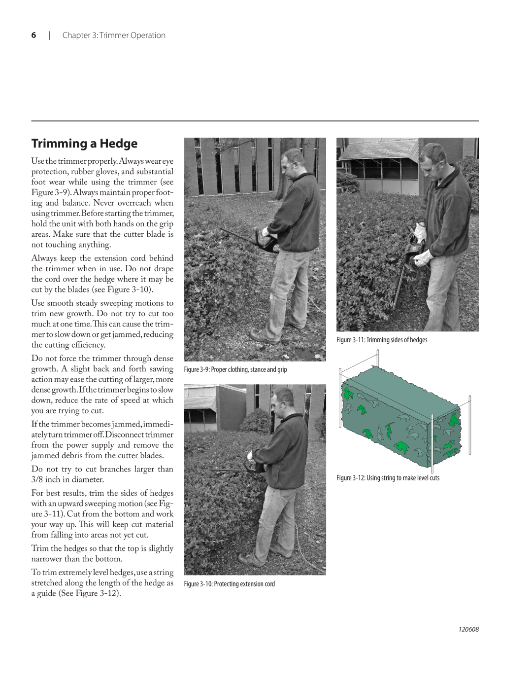 Remington HT2216A, HT2516A, HT2717A owner manual Trimming a Hedge, Proper clothing, stance and grip 