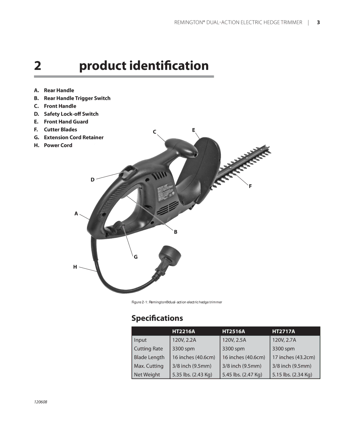 Remington HT2216A, HT2516A, HT2717A owner manual Product identification, Specifications 