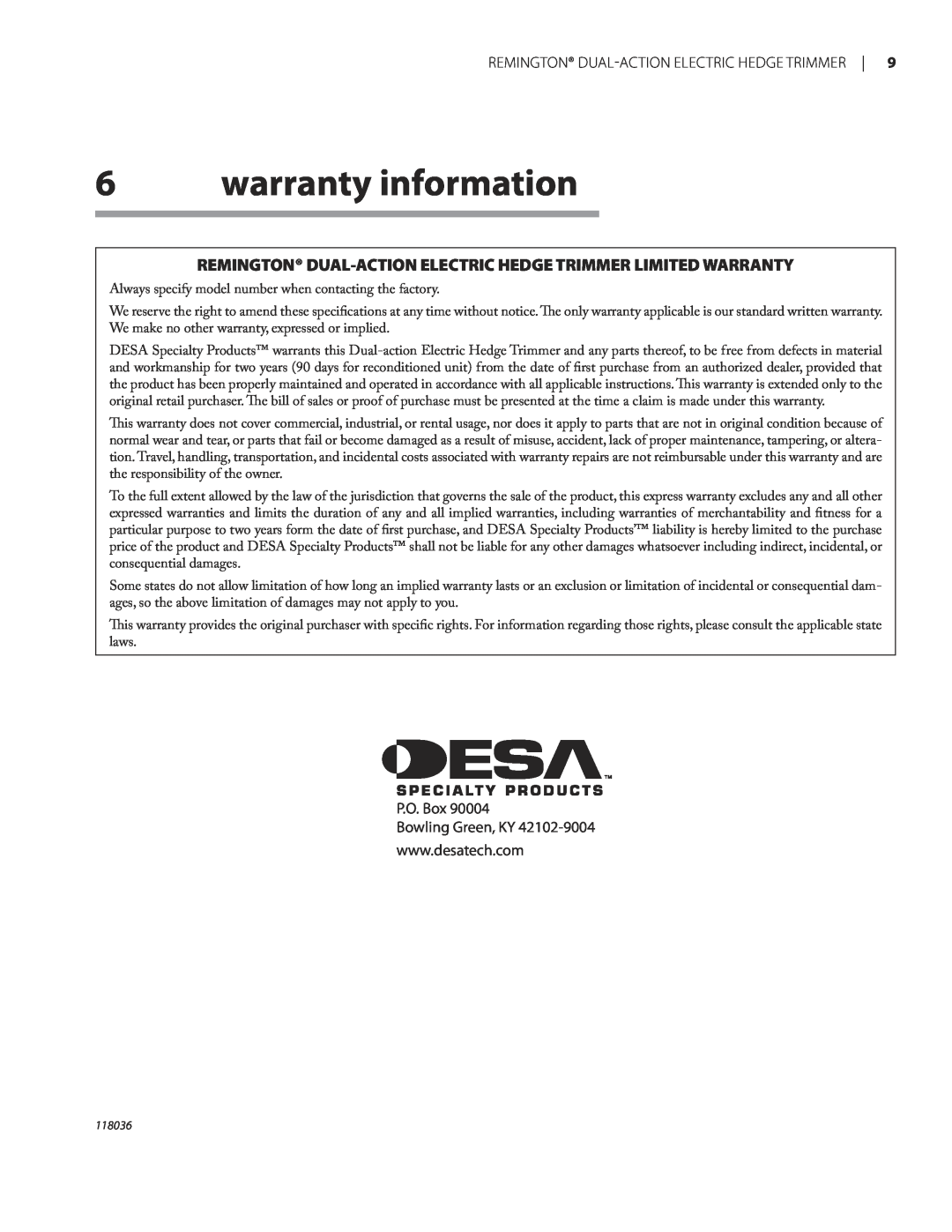 Remington HT3218A, HT4022A owner manual warranty information, Remington Dual-Actionelectric Hedge Trimmer 