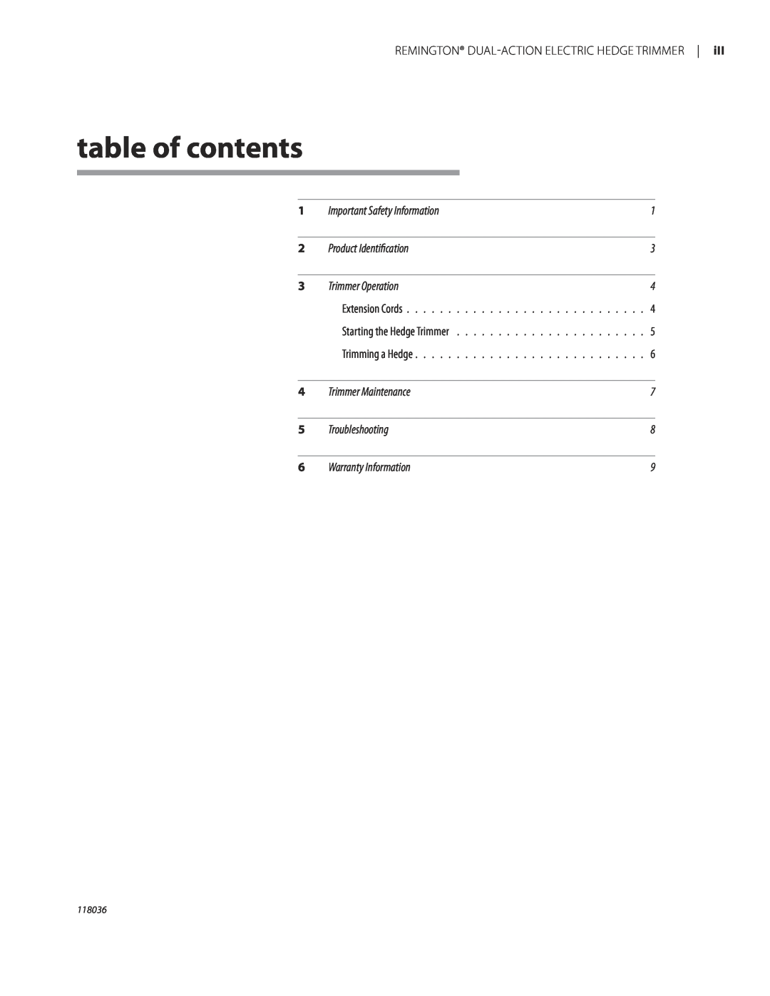 Remington HT3218A, HT4022A owner manual table of contents, Remington Dual-Actionelectric Hedge Trimmer 