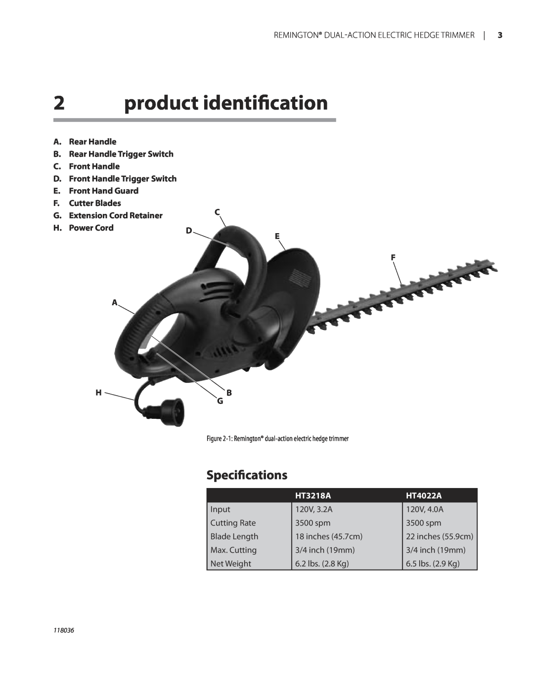 Remington HT3218A, HT4022A product identiﬁcation, Speciﬁcations, A.Rear Handle B.Rear Handle Trigger Switch, Power Cord 