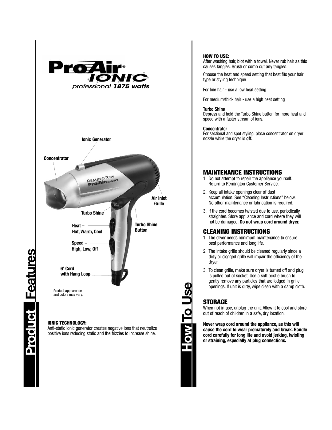 Remington ID-2002 manual Maintenance Instructions, Cleaning Instructions, Storage 