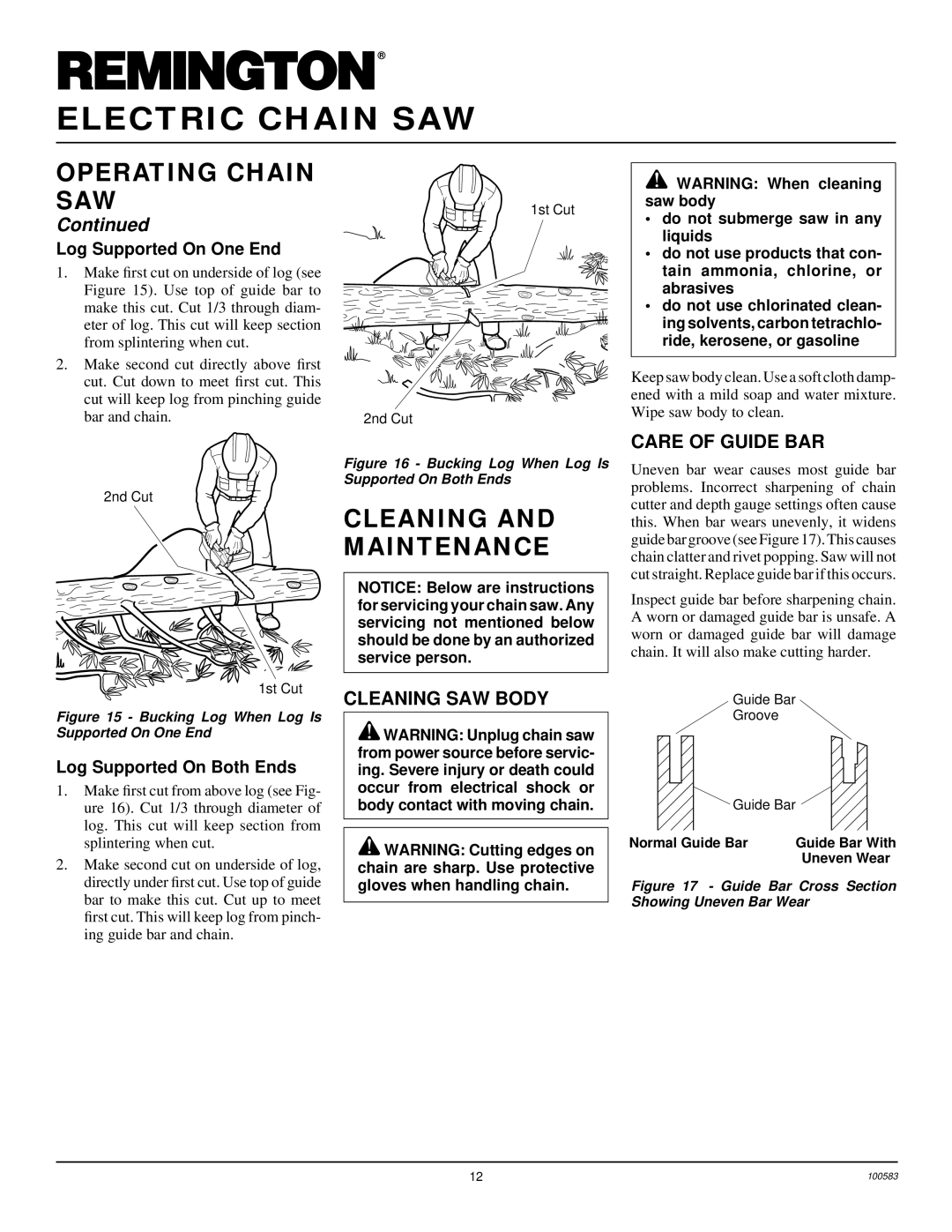 Remington EL-7 14-inch owner manual Cleaning and Maintenance, Cleaning SAW Body Care of Guide BAR, Log Supported On One End 