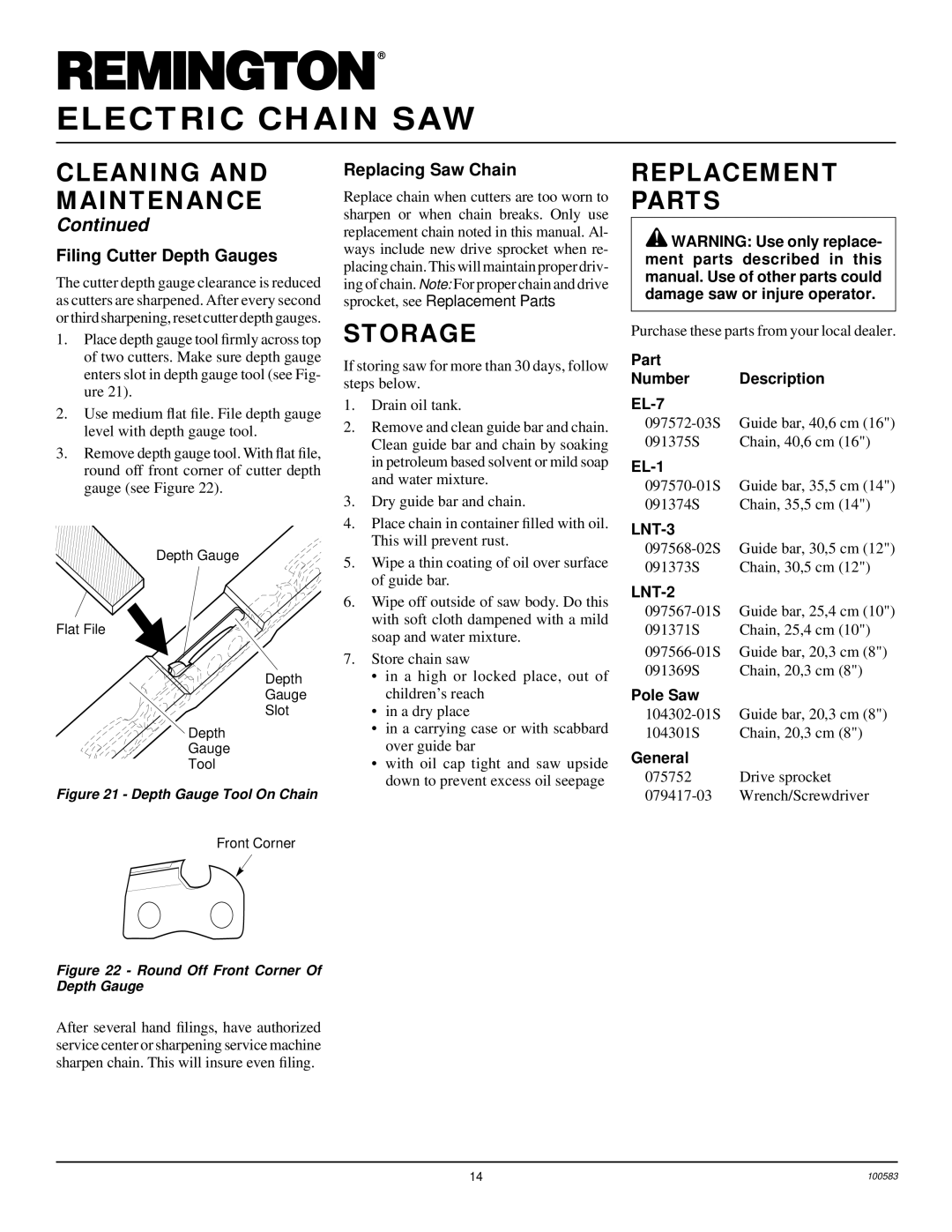 Remington EL-7 16-inch, LNT-2 8-inch Storage, Replacement Parts, Filing Cutter Depth Gauges, Replacing Saw Chain 