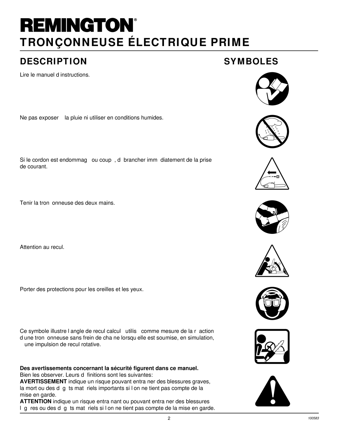 Remington LNT-3 12-inch, LNT-2 8-inch, LNT-2 10-inch, EL-7 14-inch Description Symboles, Lire le manuel d’instructions 