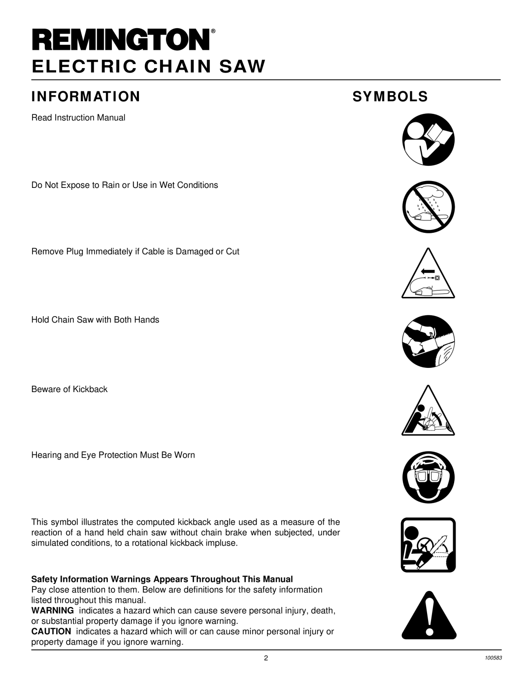 Remington EL-7 14-inch, LNT-2 8-inch Information Symbols, Safety Information Warnings Appears Throughout This Manual 