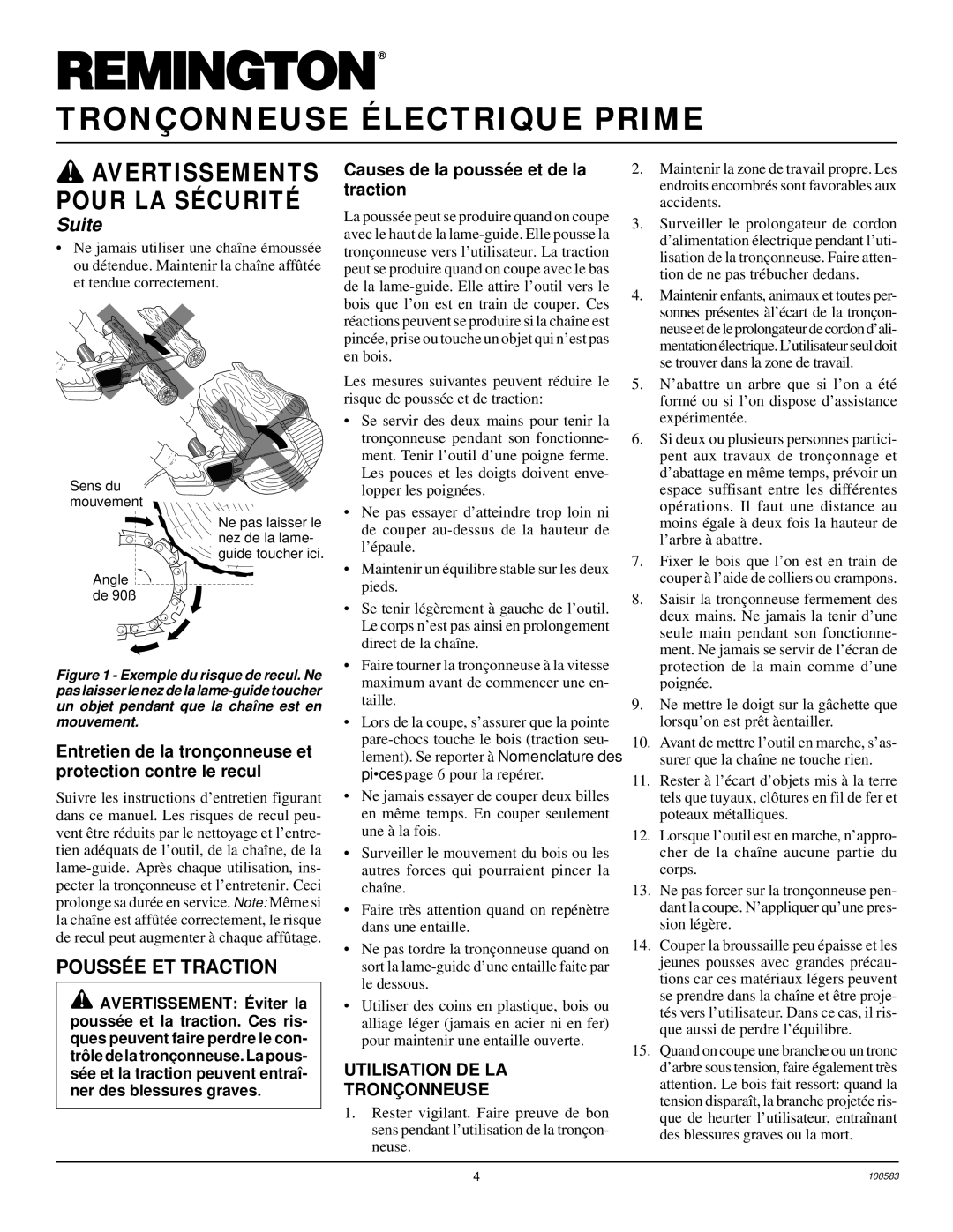 Remington LNT-2 8-inch, LNT-2 10-inch Poussé E ET Traction, Entretien de la tronç onneuse et protection contre le recul 