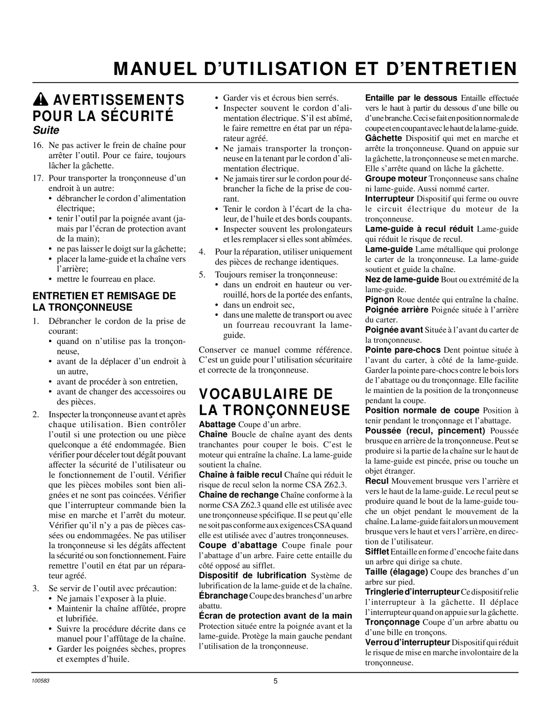 Remington LNT-2 10-inch, LNT-2 8-inch owner manual Vocabulaire DE LA Tronçonneuse, Entretien ET Remisage DE LA Tronç Onneuse 