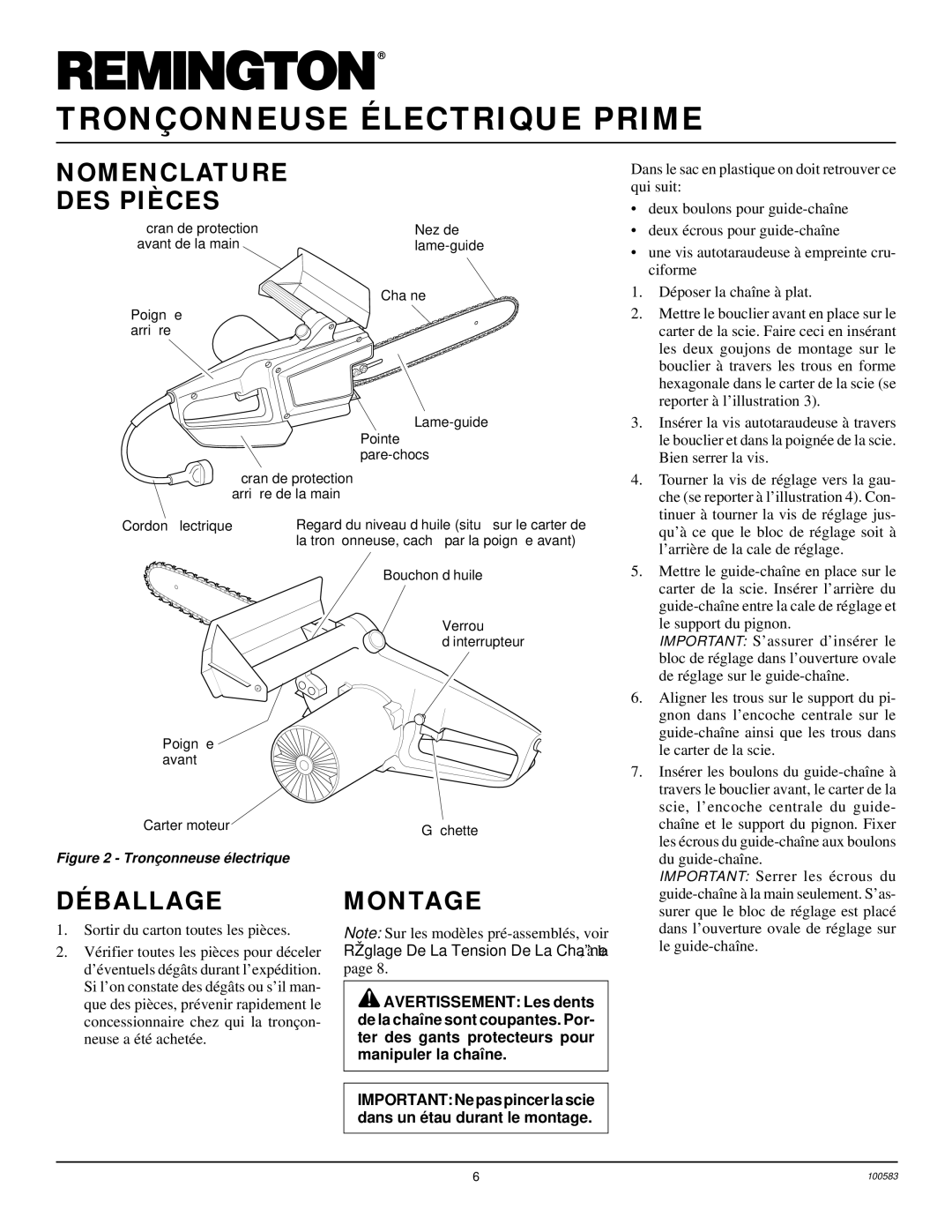 Remington EL-7 14-inch, LNT-2 8-inch, LNT-2 10-inch, LNT-3 12-inch, EL-7 16-inch Nomenclature DES Pièces, Déballage, Montage 